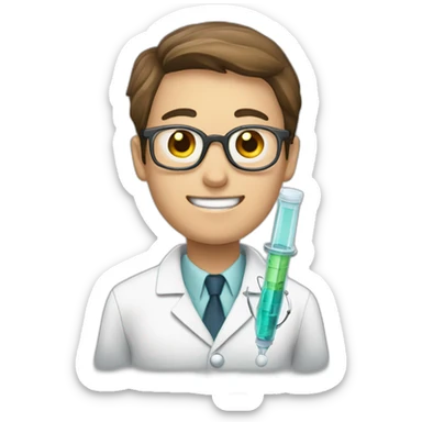 A doctor in a white coat and a syringe sticker