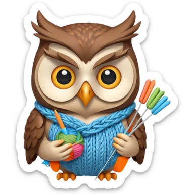 knitting owl portrait, head and shoulders only, cute owl holding knitting needles and yarn, cozy expression, warm handmade vibe, soft feathers, 3D cartoon style, mobile game icon style, clean background, no text, no watermark
 sticker