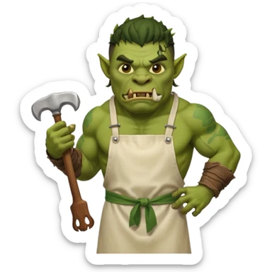 orc male Apron with "Kiss the Cook" (scratched out, replaced with "Fear the Cook"), giant rib bone as a weapon. sticker