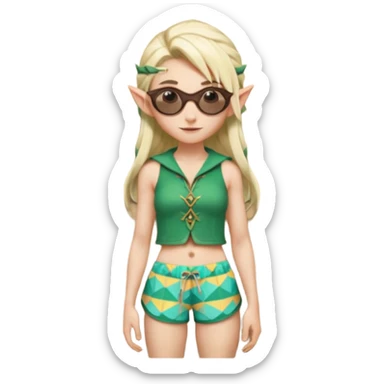 elf female legolas portrait, patterned board shorts (geometric/abstract), unique wooden-framed sunglasses, undercut hairstyle, slight smirk, visible pointy ears, no background, centered emoji, hipster summer vibe coctails with hat sticker