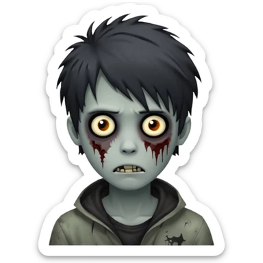 boy zombie with black, messy emo hair, pale skin, eerie and unsettling, creepy face sticker