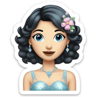 Gorgeous pastel Lady with black hair blue eyes in a sparkly shiny dress with tiara and necklace and flowers behind her and trending  sticker