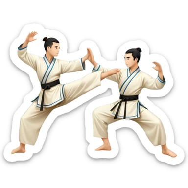 Two martial artists in traditional Wushu attire, performing elegant, fluid moves. The background shows a peaceful, scenic landscape with mountains and bamboo trees, symbolizing the balance of power and grace in Wushu.  sticker