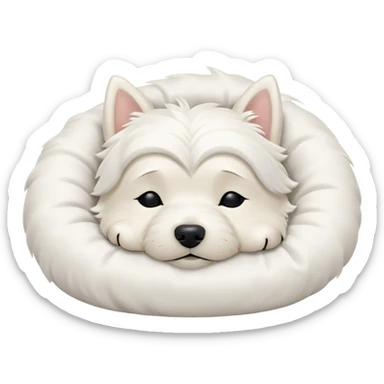 Meme-Worthy Cute Sleeping West Highland White Terrier Portrait Emoji, Head resting peacefully with a contented smile, showcasing a delightfully compact build and a luxuriously soft white coat, eyes shut in a serene nap, Simplified yet hilariously adorable features, highly detailed, glowing with a soft, drowsy light, high shine, relaxed and utterly lovable, stylized with an air of playful laziness, bright and heartwarming, soft glowing outline, capturing the essence of a comically sleepy companion, so meme-worthy it feels like it could instantly become the next viral sensation of adorable slumber! sticker