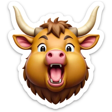 Cinematic Cute Yawning Domestic Ox Portrait Emoji, Head tilted slightly with a dramatic, wide-open yawn, showcasing a soft, textured hide with drooping horns and half-closed, drowsy eyes, Simplified yet irresistibly adorable features, highly detailed, glowing with a soft, cozy natural glow, high shine, relaxed yet expressive, stylized with a dash of pastoral whimsy, soft glowing outline, capturing the essence of a sleepy yet affectionate ox that seems ready to stretch out for a nap! sticker