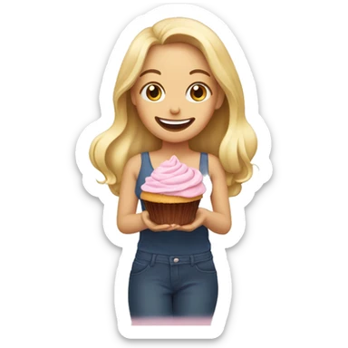 blonde girl with a smile holding a cupcake sticker