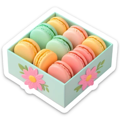 a box of macarons with a floral pattern, soft pastel colors, glossy finish, delicate and pretty sticker