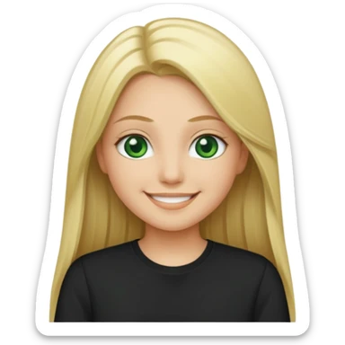 Long straight blonde hair with green eyes and black shirt smiling sticker