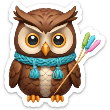 knitting owl portrait, head and shoulders only, cute owl holding knitting needles and yarn, cozy expression, warm handmade vibe, soft feathers, 3D cartoon style, mobile game icon style, clean background, no text, no watermark
 sticker