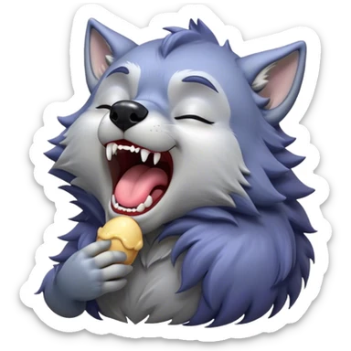 Cinematic Cute Yawning Werewolf Portrait Emoji, with a cuddly, miniature lupine form in soft moonlit grays and silvers, head leaning back in a big, adorable yawn that reveals a few fuzzy teeth, simplified yet irresistibly charming, highly detailed with a soft glowing outline that captures the drowsy, playful essence of a werewolf mid-nap! sticker
