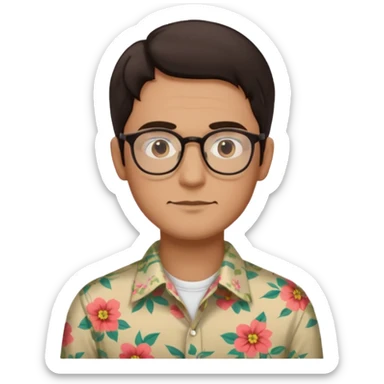 Man with long middle part dark brown hair with vintage eyeglasses in floral  shirt  sticker