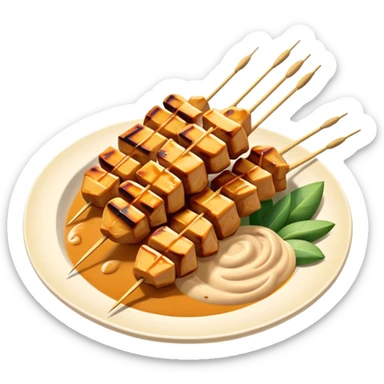 Cinematic Realistic Indonesian Chicken Satay Dish Emoji, depicted as succulent, marinated chicken skewers grilled to perfection with a subtle char, drizzled generously with a rich, creamy peanut sauce that glistens under warm, natural lighting. The vibrant textures of the tender meat and smooth, spicy sauce evoke the authentic flavors of Indonesian street food, rendered with lifelike detail and dynamic, appetizing lighting. sticker