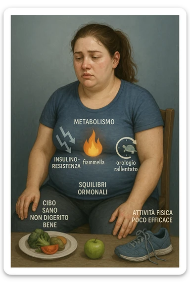Donna tra i 25 e i 35 anni con fisico leggermente gonfio e postura affaticata, seduta con sguardo stanco. In trasparenza sul suo corpo, si vedono elementi simbolici: una fiamma metabolica molto piccola nel centro dell’addome, una tartaruga accanto a un simbolo di orologio rallentato, indicatori visivi di insulino-resistenza e squilibri ormonali. Intorno a lei: cibo sano non digerito bene, attività fisica poco efficace. Colori spenti attorno al corpo, con toni freddi e lentezza visiva. Stile realistico con elementi infografici e simbolici integrati IN ITALIANO sticker