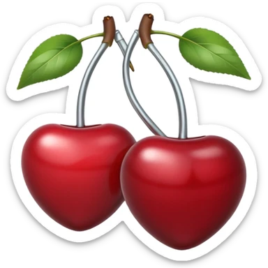 A pair of cherries emoji made of polished silver chrome, smooth rounded shapes, glossy metallic finish, soft highlights and reflections, cute proportions, iOS emoji style, centered, clean white background, no text sticker