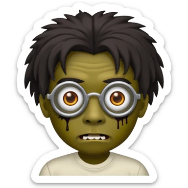 Um garoto zombie de cabelo castanho escuro, quase preto, com um cabelo médio, com olhos castanhos esverdeados, de camisa branca, com óculos redondo sticker