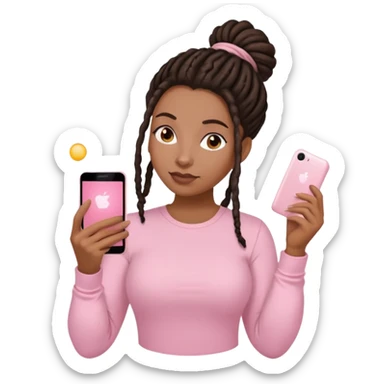 Dark brown woman with dreadlocks in bun Light pink shirt with a light pink phone in her hand sticker