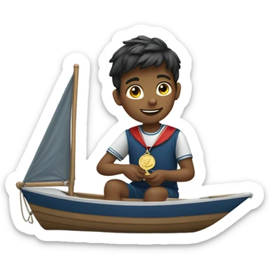 boy puts medal on his sailing boat sticker