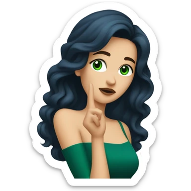 a brunette with long hair and green eyes and in a dark blue dress sends an air kiss sticker