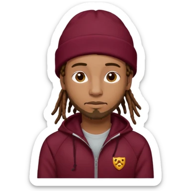 Animate a caramel skinned male with brown dreads and a tan beanie with a burgundy tracksuit on with no beard  sticker