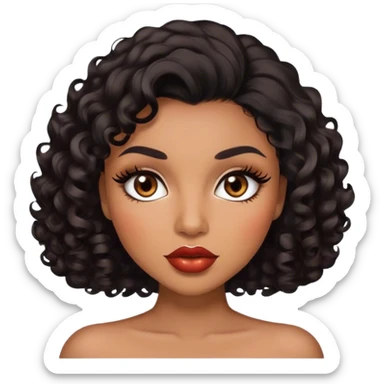 Glamourous, brown skin tone, very beautiful woman, with big plump lips, long long lashes, black curly smooth short hair, brown eyes sticker