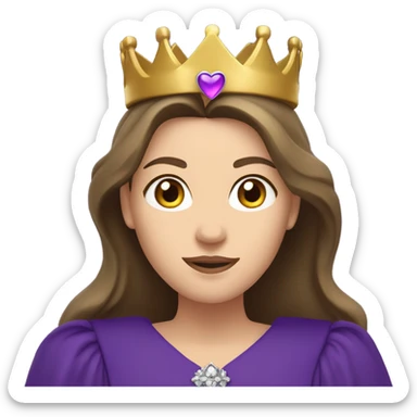 Caucasian long  brunette woman wearing formal royal purple robes and a crown with hearts floating in the air around her head sticker