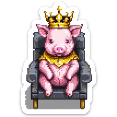 simple minimal pixel art pig with a golden crown sitting on a throne, blocky and square like Minecraft sticker