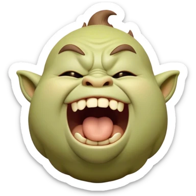 Cinematic Cute Yawning Ogre Portrait Emoji, with a surprisingly cuddly, rotund figure in soft earthy greens and browns, head tilted back in a big, gentle yawn exposing a set of comically oversized teeth, simplified yet irresistibly adorable, highly detailed with a soft glowing outline that captures the sleepy charm of a friendly ogre after a long day of gentle mischief! sticker