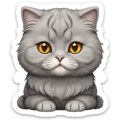 Cinematic-Fluffy-Grey-Scottish-Fold-Cat-Portrait-Emoji – Head tilted cutely with big, sparkling amber eyes, soft solid grey fur, and signature small folded ears pressed gently against its round head, simplified yet irresistibly adorable features, highly detailed, glowing with a soft and warm charm. sticker