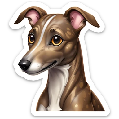 Cinematic Cute Brindle Greyhound Portrait Emoji, Head tilted playfully and inquisitively, featuring a sleek brindle Fur with subtle variations and round, sparkling eyes filled with curiosity, Simplified yet irresistibly adorable features, highly detailed, glowing with a warm, friendly glow, high shine, affectionate and nimble, stylized with a touch of whimsy, bright and endearing, soft glowing outline, capturing the essence of a mischievous yet loving companion, so playful it feels like it could sprint out of the screen and into your arms! sticker
