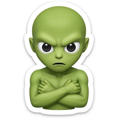 An emoji-style alien face with an angry expression, green skin, large black eyes, furrowed eyebrows, and a slanted side turned mouth, arms folded across chest showing contempt sticker