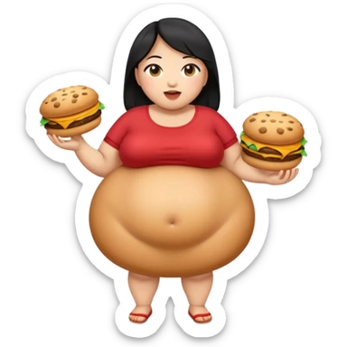 create a humongous asian girl with black hair, with 2 burgers and a cookie in her mouth, she is super obese, please make her a full body emoji, mega huge tummy   sticker