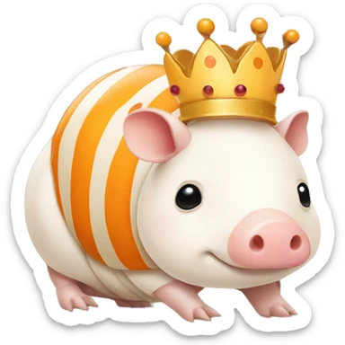 Orange and white piebald chubby round armadillo pig panda centipede armadillo wearing a crown sticker