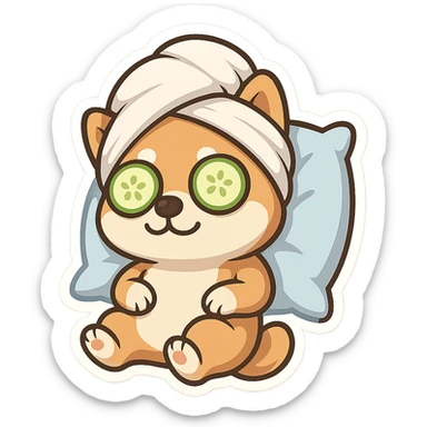 Relaxed dog with cucumber slices on eyes, towel wrapped on head and pillow sticker