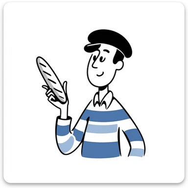 French man with blue and white striped shirt, black beret, holding a baguette sticker