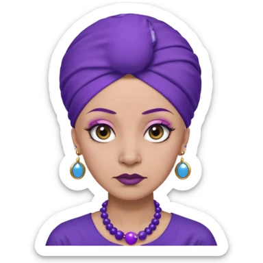 make her skin purple, she has no hair and her eyelashes are huge and she's old and and mean looking with a purple turban with big blue circle earrings and a purple big collared shirt sticker