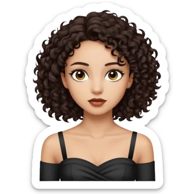 Woman with light skin and super dark brown-almost black colored irises eyes and waist length dark brown curly hair and white tube top with no straps sticker