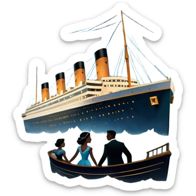 Icon for Titanic Movie: A vintage movie poster-style design featuring a dramatic scene of the ship, the iceberg, and a romantic silhouette of the main couple. Include elements like the ship’s bow, water splashes, and a starry sky in the background. Retro cinematic feel. Transparent background. sticker