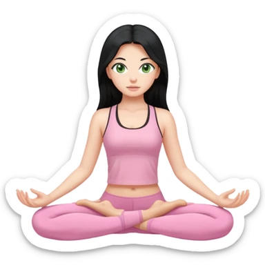 Girl with super long black hair with green eyes doing yoga with light pink clothes sticker