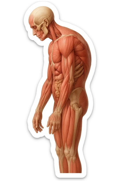 corpo umano anatomico realistico leggermente curvo con la schiena e le spalle che puntano leggermente in avanti, postura delle spalle chiuse, isolato su sfondo bianco sticker