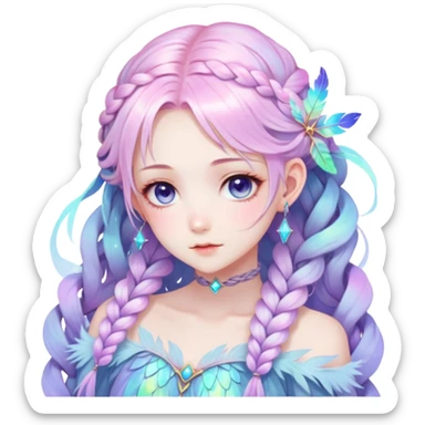 Beautiful gorgeous anime lady with beautiful iridescent-nebula-braided-hair, fashion aesthetic, ethereal, fairycore, pastelcore, feathers sticker