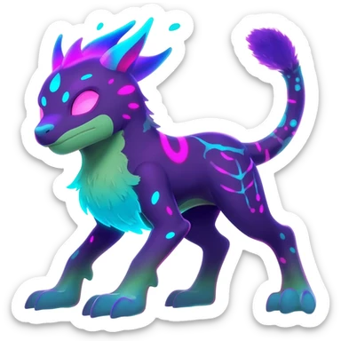 Rare realistic dark-neon glowing bioluminescent edgy badass epic pretty beautiful handsome gorgeous aesthetic colorful vibrant Vernid-Trico-species-Fakemon-creature by LiLaiRa, 4 legs, 1 tail, random markings, (full body) sticker