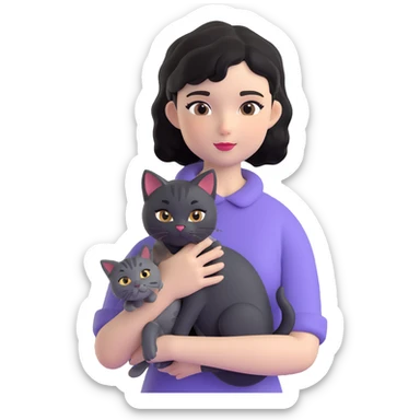 wavy black haired girl with a short haitcut holding a british cat sticker