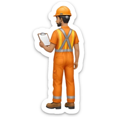 Indian male railway engineer orange overalls, boots holding a clipboard back view sticker