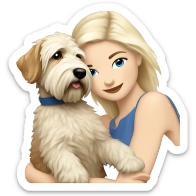 pretty woman blonde hair blue eyes hugging a white soft coated wheaten terrier dog sticker