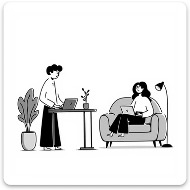 escenary 3d of a cozy mid-century living room with two people working on laptops, one man standing at a desk and one woman sitting on a couch, two walls and floor visible sticker