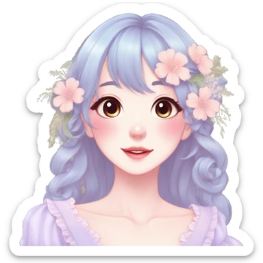 Gorgeous pastel anime style lady with blushing face and flowers cottagecore fairycore pastelcore colorful pearly romantic simplistic aesthetic trending style sticker