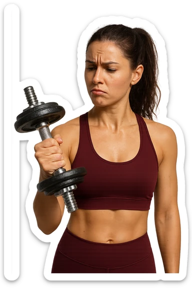 DONNA FITNESS CHE GUARDA DUBBIOSA UN MANUBRIO DA PALESTRA CHE HA IN MANO, iperrealistico 4k sticker