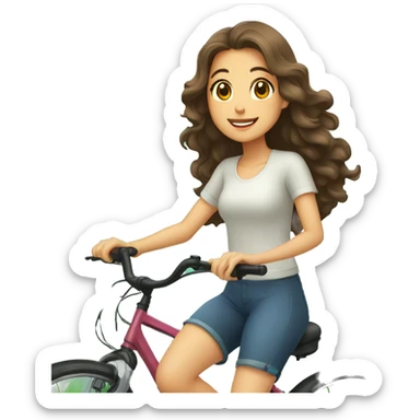 Fair looking Taiwanese girl with curly long hair riding bicycle early in the morning with trees in the background sticker