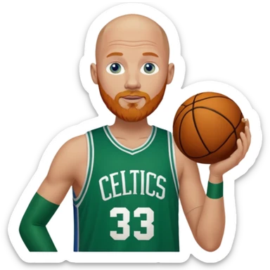 Bald white man with ginger beard, blue eyes in Tatum Celtics jersey sticker