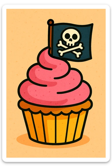 a cute and whimsical cupcake with a skull-and-crossbones flag, pirate theme sticker